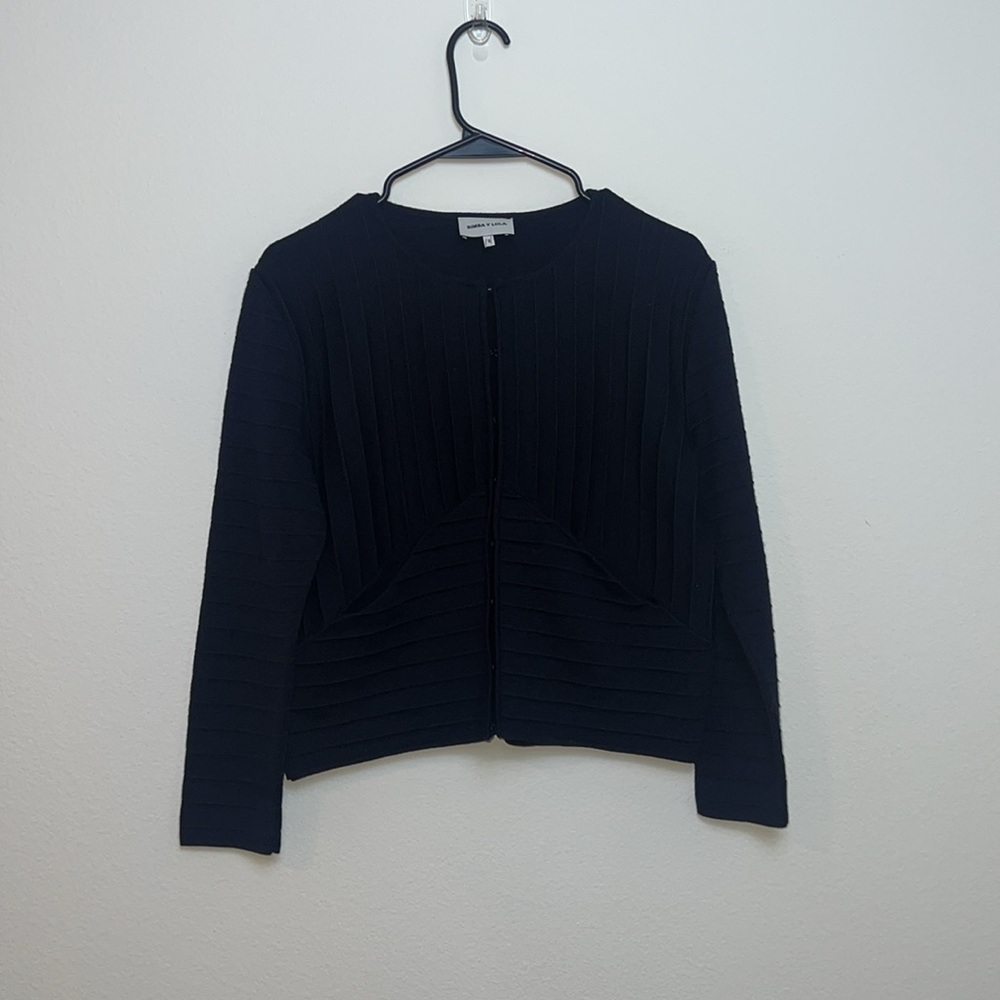 NWOT BIMBA Y YOLA WOMENS Navy with Black Stripes Mini Cardigan